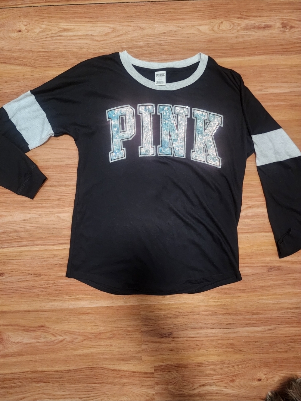 PINK Victoria's Secret Black Sparkly Long-Sleeve Tee with Gray Accents